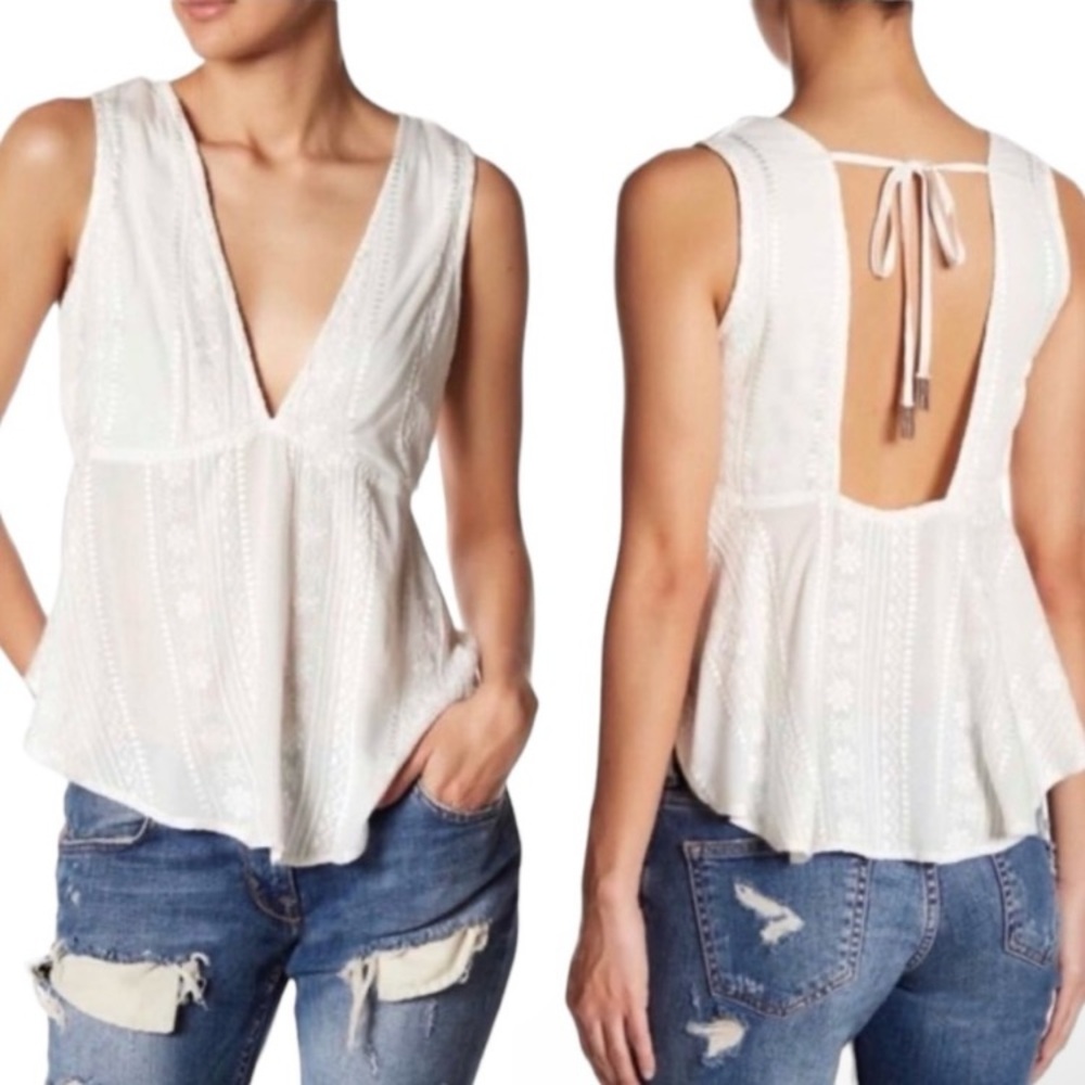 Free People Sleeveless V-Neck Open Back Embroidered White Tank Top